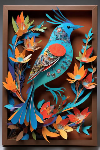 Beautiful, ultra-delicate cut-outs,
small bird paper cutout art,
 with the most intricate patterns in the world. Its feathers display a mesmerizing array of colors, forming elaborate designs that seem to shift and dance as it moves. Each feather is a masterpiece of nature's artistry, with patterns reminiscent of intricate mandalas and fractals. The bird's wings flutter gracefully, ,gbaywing