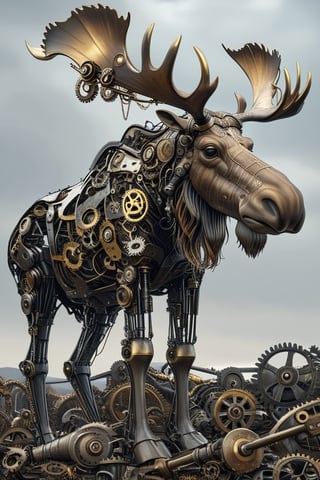 A moose with a deformed head, giant horn moose, and whose body is made up of countless gears, metals, and circuit boards.,Mechanical,DonMSt34mPXL
