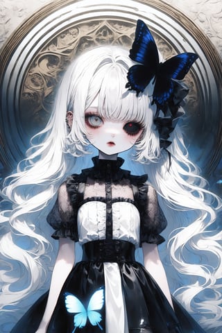 maximum chaos,
1goth girl,psychedelic fashion,sickness,
ultra cute Harajuku Style grunge fashion,Butterfly fairy Lolita themes, albino demon girl,(pure white Extreme long hair),(black sclera;1.2),luxury mesh fishnet blouse,dal-1,ct-niji2,black hands