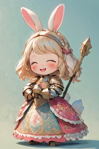 3D Figure,cute little brave  bunny,bunny ear,(rabbit nose:1.4),blush stickers,((Smile with peace of mind)), open mouth,:d,
close eyes,pink loli armored dress, weapon holding,Beautiful embroidered dress,kawaii knight,close up,3d figure,chibi