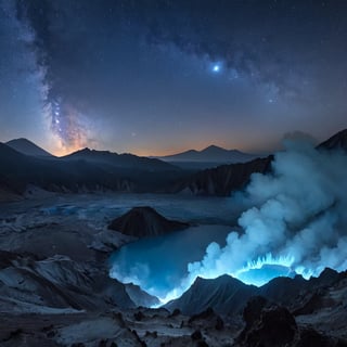 Nighttime scene of Indonesia's Ijen volcano,((blue flames)),Ethereal blue flames erupting from the crater, illuminating the darkness. Sulfuric fire casting an otherworldly glow across the rugged landscape. Smoke and steam rising, creating a mystical atmosphere. Starry sky above, with Milky Way visible. Jagged rocks and barren ground surrounding the crater. Reflections of blue fire in a nearby acidic lake.,BlFire,y0sem1te