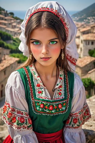 An Italian girl, traditional Italian and Sardinian costumes, endlessly beautiful emerald eyes, clear white skin, striking emerald green eyes with a beautiful glow,
Break
Artistically embroidered blouse, colorful skirt and apron, the vibrant colors and intricate design of Sardinian folk costumes in red and white,A perfect portrait of Thaisa SDXL,dal,perfecteyes