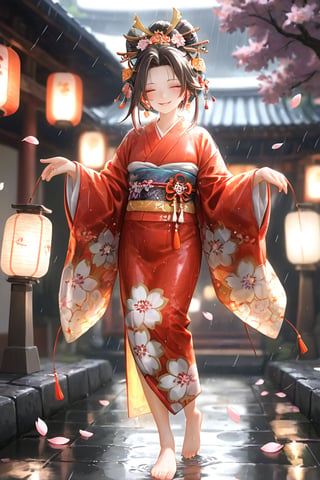1girl,cute,Enchanting scene of an oiran dancing gracefully in warm, gentle rain. ,Elaborate kimono with vibrant floral patterns, partially translucent from rain. Long ornate hairpins swaying with movement. Serene smile on white-painted face, eyes closed in bliss. Barefoot on wet cobblestones, creating small splashes. Soft lantern light glowing through misty rain, casting a warm ambiance. Cherry blossom petals falling, mingling with raindrops. Background of traditional Japanese architecture, slightly blurred. Rain creating a shimmering effect on silk kimono. Oiran's dance pose elegant and joyful. Overall atmosphere romantic and dreamlike, merging tradition with ethereal beauty.",oiran,niji5,chougei