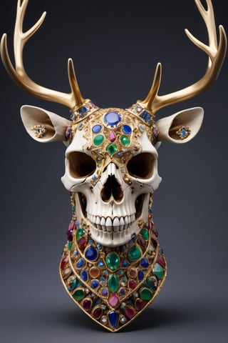 "Generate an image of a gold-colored reindeer skull adorned with an array of diverse gemstones. Envision the antlers and skull intricately embellished with a mosaic of gemstones in various hues, including vibrant emeralds, sapphires, rubies, and diamonds. Each gemstone is meticulously set into the gold surface, creating a stunning display of color and brilliance.

The skull itself is polished to a lustrous sheen, enhancing the radiance of the gemstones and adding to the overall opulence of the piece. This ornate decoration transforms the reindeer skull into a mesmerizing work of art, capturing the imagination with its fusion of natural beauty and luxurious embellishment."