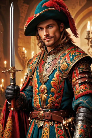 A 1man, handsome face,smile, Landsknecht, a medieval Swiss mercenary, stands tall with a sword in his hand, exuding strength and power, dressed in a gaudy, elaborate leather outfit, feathered hat and flowing cloak, all adorned with intricate patterns and decorations. Landsknecht's sword shines in the light, a masterpiece of craftsmanship.,Handsome boy,