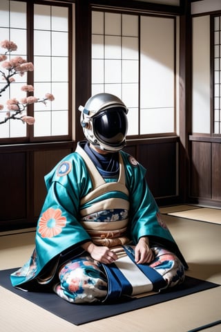 1man,Heian era nobleman sitting cross-legged on tatami floor, wearing an astronaut helmet. Elegant, multilayered kimono in vibrant colors and intricate patterns. Traditional wide hakama trousers spread around him. Long black hair flowing from beneath the modern space helmet. Pale, refined features visible through helmet visor. Hands resting gently on knees in meditative pose. Traditional folding fan and writing brush beside him. Background of classic Heian period interior: wooden pillars, painted screens, soft light filtering through paper windows. Surreal juxtaposition of ancient Japanese elegance and futuristic space technology,astronaut_flowers,,ParallelObserver