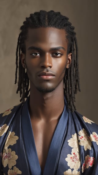 ultra Realistic,
high-Detailed beautiful face,cowboy shot,
young African man,dark skin,black long dreads,
full body,perfect Face,wear kimono very loose and slovenly,luxury male kimono,
European antique room background,p3rfect boobs,cleavage,perfecteyes,