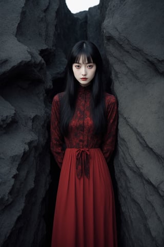  Junji Ito style, inspired horror illustration, one girl, bangs,((dimples)),((mole under eye:1.5)),((Tear mole)), the woman's pale face contrasting sharply with her long jet-black hair that hangs over her shoulders. She wears a form-fitting red and black dress,
A macabre mass of blood and flesh falls at the woman's feet,
Her eyes wide with a mixture of fear and determination, she has a bewitching presence as she moves through the surreal landscape with an eerie calm.
