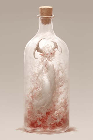 Aesthetics art,official art, (full body), ((tanding in a giant glass bottle)), (long intricate horns:1.2) ,albino demon girl with enchantingly beautiful, alabaster skin, A benevolent smile,girl has Beautiful deep red eyes,soft expression,Depth and Dimension in the Pupils,in a jar,((Cork bottle)),