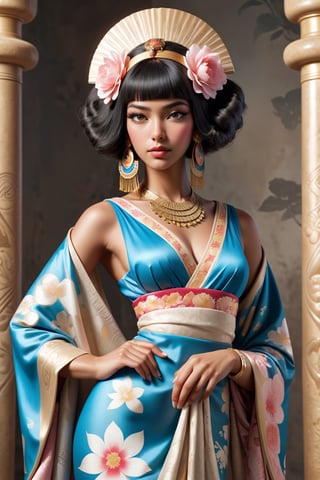 Art nouveau style art,Realistic anime,
melanism Cleopatra,Ancient Egyptian Princess,attire of a OIRAN, Bangs straight bobbed,(dark skin),
creatively blending Egyptian elements with a geisha-inspired look, Envision Cleopatra donning a floral and elegant robe reminiscent kimono, adorned with Egyptian motifs and accessories, Picture the harmonious fusion of Cleopatra's regal charm with the graceful allure of a flower courtesan, creating a unique and captivating representation,Ensure a visually striking image that seamlessly combines the essence of Cleopatra with the artistry of a traditional Japanese OIRAN girl,Extremely Realistic,r0b0cap,miyo,girl,EgyptPunkAI,niji5,Vitiligo,Old