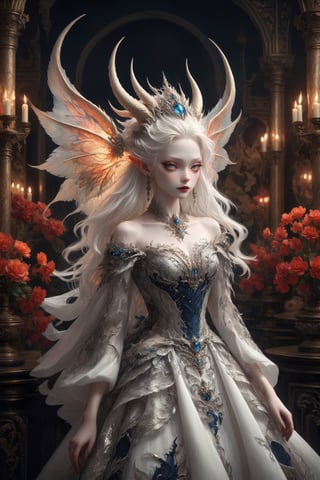 Ultra Realistic,
1 girl, (masterful), albino demon fairy, dark magic, Devil soul, Jinn, Demon, divine, clean skin, particles of lighting, multi color lighting fairy, (demon horns:1.2),
In her elegant attire, the albino demon girl embodies an enchanting blend of dark allure and Rococo refinement,meticulously crafted with cascading layers of lace, features a corseted bodice that accentuates her slender waist. Delicate silver embroidery adorns the edges of the gown, tracing ethereal patterns reminiscent of dragon scales.

The off-the-shoulder sleeves, Each sleeve is intricately detailed with feather-light lacework, resembling the delicate wings of a dragon,
Completing her look, the albino demon girl wears a silver tiara adorned with small dragon-shaped motifs,
A motley and decadent nightclub background,
, ,lis4,cutegirlmix,Christmas Fantasy World,renny the insta girl