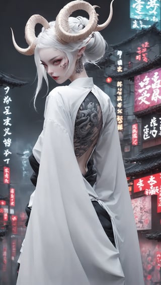 1 girl, (masterful) albino demon queen, (long complex horns:1.2), 
,hakama,gaiter,kanji tattoo,kimono back wide open,beautiful tattoo,
cyberpunk city background,photo_b00ster,ct-niji2,dragon tattoo,GlowingTat