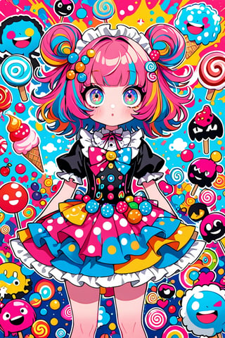 children's doodle style,
Colorful pop art, candy pop, lollipop punk, brightly colored berry beans, emo pink lolita girl,big Eyes,A dress made of jelly and ice cream,
 maximalism designemo,dal-6 style,Color Splash