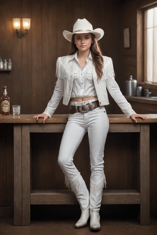  Western saloon,1 Girl,where a little girl dressed in a pure white cowboy costume sits on the counter. Her outfit includes a white cowboy hat, a tailored shirt, fringed jacket, and well-fitted trousers, all in pristine white. Polished boots and a classic belt with a silver buckle complete her look. Adding a touch of ethereal charm, she has pure white wings gracefully extending from her back. The saloon's rustic atmosphere contrasts with her angelic appearance, creating a striking and memorable scene.,AngelStyle,wings