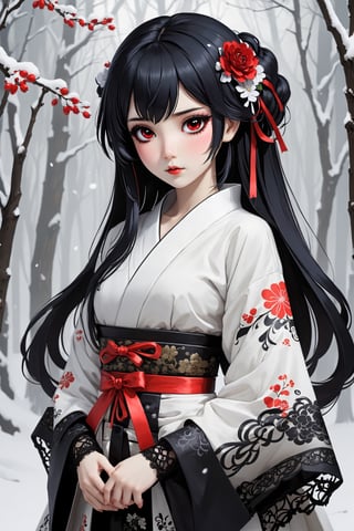 1Girl,The Japanese Gothic fantasy-style, Snow White, combines elements of traditional Japanese clothing with Gothic fashion,Her kimono is predominantly white, adorned with floral patterns and intricate black motifs. Gothic-style lace decorates the cuffs and hem, adding delicate details to the ensemble. Adorning her head is a Japanese-style hair ornament with Snow White's signature red ribbon, complementing her beautiful black hair,dal,white eyes