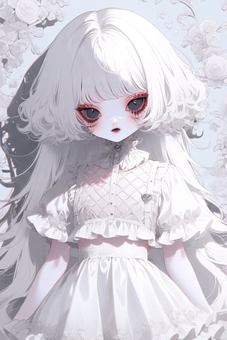 maximum chaos,
1goth girl,psychedelic fashion,sickness,
ultra cute Harajuku Style grunge fashion, kawaii and Lolita themes, albino demon girl,(pure white Extreme long hair),(black sclera;1.2),luxury mesh fishnet blouse,dal-1,ct-niji2,black hands