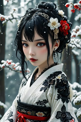 1Girl,The Japanese Gothic fantasy-style, Snow White, combines elements of traditional Japanese clothing with Gothic fashion,Her kimono is predominantly white, adorned with floral patterns and intricate black motifs. Gothic-style lace decorates the cuffs and hem, adding delicate details to the ensemble. Adorning her head is a Japanese-style hair ornament with Snow White's signature red ribbon, complementing her beautiful black hair,dal,white eyes