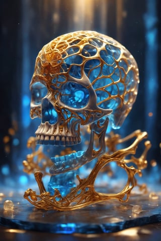 Skull made of crystal, beautiful atmosphere with golden lines, perfectly transparent bones, golden blood vessels,Blue luminescent cerebral spinal cord