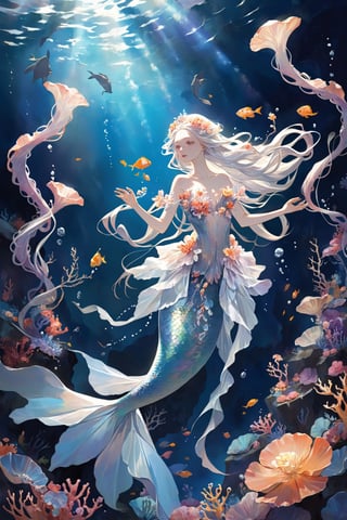 1 girl,In the depths of the ocean, a delicate and ethereal albino mermaid glides gracefully through the azure waters. Her translucent fins shimmer with iridescence as she navigates through a forest of sea anemones, their vibrant tentacles swaying like blossoms in the gentle current. Despite her otherworldly beauty, there's a sense of melancholy about her, as if she's forever searching for something just beyond her reach in the endless expanse of the sea.,underwater,ct-niji2,Flower queen