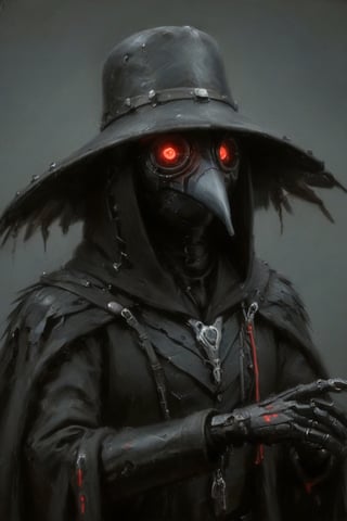 male cyborg plague doctor,with a raven-themed design. The beaked mask is sleek, black metal with red, glowing digital eyes. The cloak is a high-tech fabric resembling feathers with an oil-slick sheen. Cybernetic hands have black, talon-like fingers. Mechanical wings, sleek and feathered, fold on his back or spread wide for gliding. Tubes and wires run from the mask and chest plate, pulsing with energy. This blend of haunting plague doctor and elegant raven is wrapped in cutting-edge cybernetic technology.,Cyborg_Life,hubggirl,madgod,zavy-cbrpnk,stop motion,oil painting