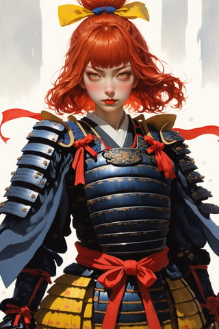 1girl,dressed in samurai-style armor, She wears traditional Japanese armor reminiscent of a samurai,Blue coat, yellow hakama
,The design blends elegance with strength, portraying her as a warrior princess,(Large red head ribbon),
Adorning her head is with a faintly red ribbon tied, shining brightly､Her eyes reflect determination as she holds her sword with a poised stance,warrior,samurai