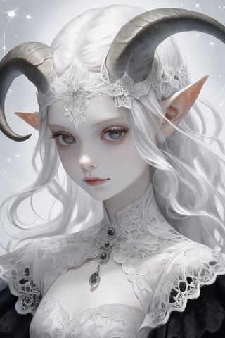 ,(long intricate horns:1.2) ,albino demon girl with enchantingly beautiful, alabaster skin,
A benevolent smile,girl has Beautiful deep black eyes,soft expression,Depth and Dimension in the Pupils,
Her porcelain-like white skin reflects an almost celestial glow, highlighting her ethereal nature,Every detail of her divine lace costume is meticulously crafted, 
Capture the subtle intricacies of the lacework, emphasizing the delicate patterns that complement her unearthly features. From the curve of her horns to the flowing elegance of her dress, 
,goth person,epicDiP,DonMM1y4XL