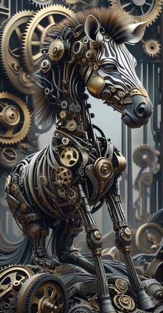A zebra with a deformed head,, and whose body is made up of countless gears, metals, and circuit boards.,Mechanical,DonMSt34mPXL,DonMD347hM374lXL 