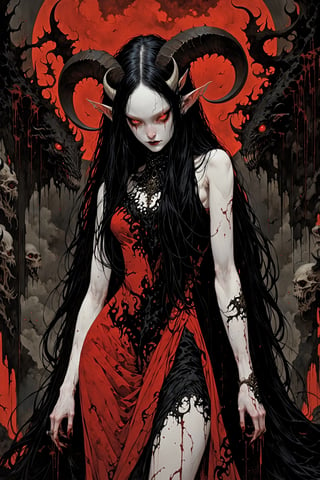  inspired horror illustration, albino demon princess,(long intricate horns:1.2), the woman's pale face contrasting sharply with her long jet-black hair, that hangs over her shoulders. She wears a form-fitting red and black dress,
A macabre mass of blood and flesh falls at the woman's feet,
Her eyes wide with a mixture of fear and determination, she has a bewitching presence as she moves through the surreal landscape with an eerie calm.
,bj_Devil_angel,Anime style,sinozick style