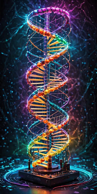 "A DNA helix represented by electronic components and circuit boards, depicted with fluid and beautiful colors. The double helix structure is crafted from tiny resistors, capacitors, and microchips, intricately arranged along the twisted pathways of circuit traces. The entire assembly is bathed in a spectrum of vibrant colors, blending seamlessly from one hue to another, creating a dynamic and visually stunning effect. The background features a fluid, wave-like design, adding to the sense of motion and life, while the reflective surfaces of the electronic components catch and scatter light, enhancing the overall aesthetic with a touch of technological elegance.",ULTIMATE LOGO MAKER [XL],glowneon