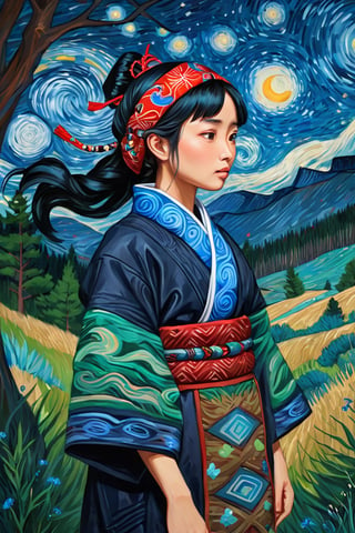 night Forest,A girl, wearing traditional Ainu clothing, depicted in the style of a Van Gogh oil painting. Her attire is rich with intricate patterns and vibrant colors characteristic of Ainu textiles, including a beautifully decorated robe and headband. The brushstrokes are bold and expressive, with swirling textures and dynamic movement reminiscent of Van Gogh's signature style. The background features a natural landscape with vivid, swirling skies and lush greenery, painted in a similarly dynamic and textured manner, enhancing the connection between the girl and her cultural heritage.",Visual_Illustration,ruanyi0715