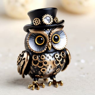 Realistic cute owl,With expressive eyes, this adorable owl exudes whimsical charm, Its plumage features intricate mechanical details, while a miniature top hat atop its head adds a fashionable touch. Despite its steampunk embellishments, the owl retains its signature cuteness,Owl