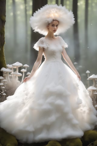  1girl,mushroom princess, in a stunning dress made of pure white slime mold, The ethereal gown flows like fine lace, glistening softly. Her crown, made of delicate mushroom caps, sparkles with tiny glowing spores. Standing in a mystical woodland glade, she embodies nature's elegance and mystery, her living dress swaying gently. The princess exudes purity and enchantment, showcasing the unexpected beauty of the natural world.,mushroomz,water dress