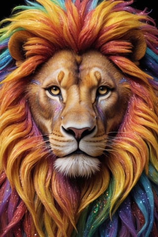 Realistic Lion Pictures,lion's mane intricately woven with an array of vibrant colors, shimmering in seven hues. Each strand of the mane intricately braided, creating a mesmerizing and majestic display. As the lion prowls, its mane ripples with every movement, casting a kaleidoscope of colors that dazzles and captivates all who behold it.,Rainbow haired girl ,colorful,glitter