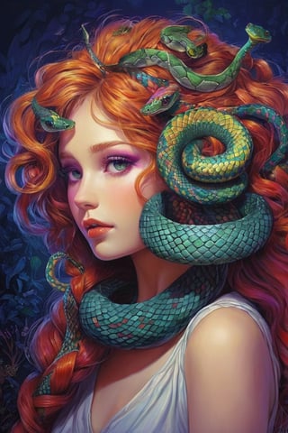 Medusa,(hair is a seven-coloured snak),hair  a rainbow serpent, slithers gracefully amidst the shadows, Each of her serpentine locks pulses with vibrant colors,Rainbow haired girl ,girl with snake
