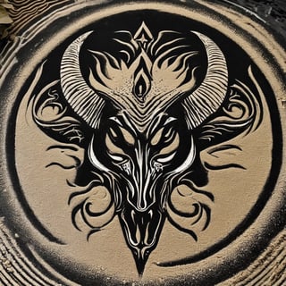 two dimensions,2D,sand painting art,Baphomet,The face of the devil fearlessly,Painted with grains of sand in black and white.,ral-sand