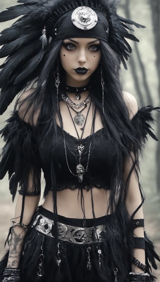 beautiful Nordic girl,Wearing  gothic punk and Native American styles, brings forth a unique fashion statement. Imagine intricate leather detailing, feathered accessories, and bold silver jewelry blending the edginess of gothic punk,traditional elements of Native American attire,This unconventional combination creates a striking and culturally rich,GothEmoGirl,rebevelin