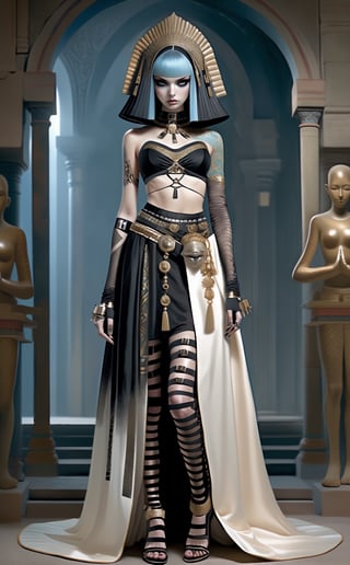 Cleopatra in a fusion of Japanese-inspired Gothic punk fashion, elegance ancient Egypt edgy elements of Gothic punk,Envision Cleopatra adorned in a kimono-inspired gown with Gothic accessories, incorporating traditional Japanese motifs and punk-inspired details,Emphasize the unique synthesis of styles, capturing the regal allure of Cleopatra with a contemporary and rebellious twist,goth person,pastel goth