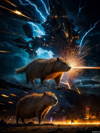 realistic,
Badass capybara (playing 
Electric guitar:1.2) with dark aura around, overwhelmed by his power, heavily enchained on the ground, trying to explode to free himself from the chains but he can't because chains are too big, wearing mechanical enhancements,epic and dynamic composition, thunder everywhere, cataclysm,dark cityscapes background, artstation, hdr, colorful shot, intricate details, cinematic, detailed, stormy weather, detailed art deco ornamentation, tons of flying debris around him,capybara