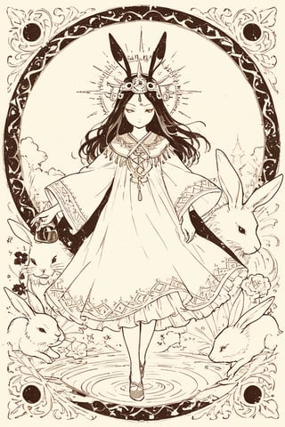 fairy tale illustrations,Simple minimum art, 
myths of another world,
pagan style graffiti art, aesthetic, sepia, ancient Russia,
A female shaman,(wearing a rabbit-faced mask),