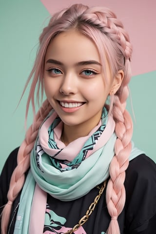Realistic anime, young Scandinavian girl,smile, dressed in urban ninja fashion,pastel　candy colors,traditional pattern scarf,incredibly complex braided hair,wears a sleek and modern ensemble featuring pastel hues such as soft pinks, baby blues and mint greens,Her outfit combines elements of traditional ninja attire with contemporary streetwear,dal,TechStreetwear,photo_b00ster