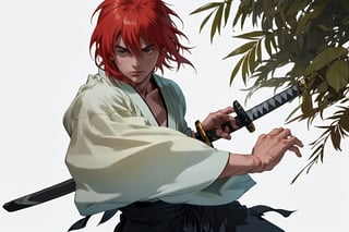 masterpiece, best quality, highres,1boy,young man, battoujutsu, photorealistic,red Hair,short hair,Japanese Clothes,Kenshin