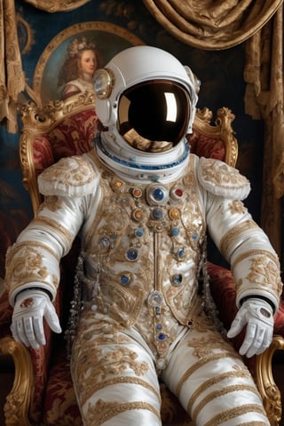 "A man,wearing beautiful 16th-century aristocratic clothing, adorned with luxurious fabrics and elaborate details such as lace, embroidery, and fine jewelry. His head is encased in a modern spacesuit helmet,Astronauts, creating a striking contrast between the historical attire and futuristic headgear. The helmet's visor reflects the opulent furnishings around him, capturing images of chandeliers, ornate tapestries, and richly decorated furniture. The background showcases a grand, lavishly decorated room typical of the Renaissance era, enhancing the surreal blend of past and future elements.",astronaut_flowers