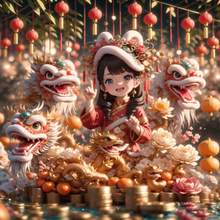 chinese stanning cute Little girl,happy face, chinese greetings hand gestures, kumquat trees,
background with lotus, Chinese dragon,Chinese distich,
new year , coins 