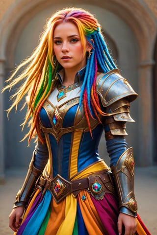 Ultra realistic,princess knight,((very long colorful dreadlocks)), seven-colored hair, wearing gorgeous and stylish western style dress suit, gold cuffs, rings,royal knight,dal,Rainbow haired girl ,armor