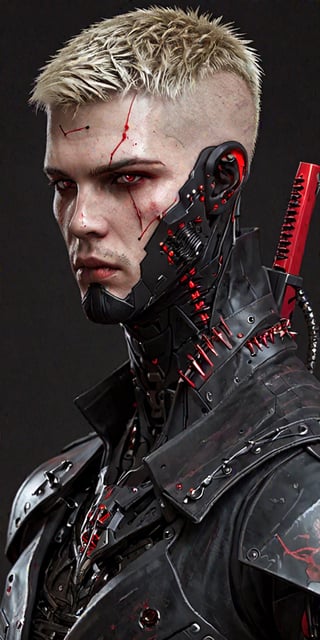 1man,High tech cybernetic vampire, detail, high detail,short hair, vampire with bloody crimson dagger,((briar pattern tattoo on amount:1.4)), jet black armor, red spikes, red blood, crimson blood, 2077, cyberpunk, zavy-cbrpnk, faceplate,cyborg,valkyrie,artwen