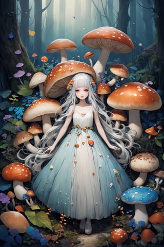 albino mushroom girl, mushroom Head,
stands amidst the tranquility,Adorned with soft, pale-colored petals resembling mushroom caps and delicate mycelium cascading from her hair, she exudes ethereal beauty.,Her eyes silver or pale blue, convey mystery and wonder as she moves gracefully through the enchanted landscape, Surrounded by vibrant colors and playful woodland creatures, she embodies the magic and wonder of nature's hidden treasures.",mushroomz,dal