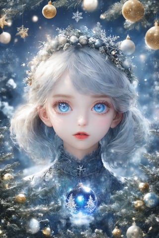 ultra Realistic, Extreme detailed, 1 girl 16years old,Christmas theme,girl of noble bloodline, the girl has Beautiful blue eyes,soft expression,Depth and Dimension in the Pupils,So beautiful eyes that 
Has deep clear eyes,detailed eyelashes,mesmerizing iris colors,
,(Dimly shining eyes),heterochromia_iridis, the skin color is closer to white, the girl should be at the bottom of the picture where only the top of her head is visible,
Christmas Fantasy World,perfecteyes,Anime ,3D