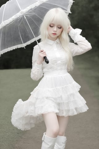 1 girl, albino  girl, with lethargic sleepy smokey eyes,white  hair,White eyebrows,((white eyelashes:1.2)),White Frilled Skirt,White Long Boots,He has a umbrella in his hand,
Walking with a parasol,
mesh fishnet blouse, ,dal,umbrella,hand holding umbrella