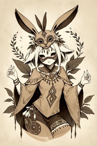 fairy tale illustrations,Simple minimum art, 
myths of another world,
pagan style graffiti art, aesthetic, sepia, ancient Russia,
A female shaman,(wearing a rabbit-faced mask),