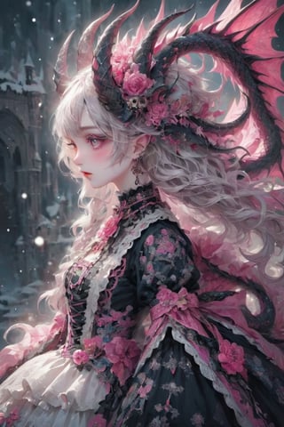 A Gothic Lolita girl with dragon eyes and dragon horns,Depth and Dimension in the Pupils,
gracefully crystalline cheeks, her attire adorned with intricate pink lace and dark, ethereal fabrics,(intricate dragon horns) elegantly complement her elaborate hairstyle, creating a mystical and captivating presence. Her eyes, reminiscent of a dragon's gaze, exude an otherworldly charm, adding a touch of fantasy to the Gothic Lolita aesthetic. The fusion of traditional Lolita elements with dragon-inspired details results in a unique and enchanting character.,dragon-themed,goth person,lolita_fashion,Dragon,gemsdragon,dragon_h,Chinese Dragon,Christmas Fantasy World